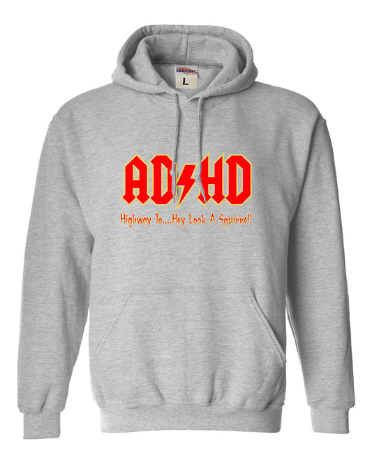 Gray hoodie with red and yellow text design on a white background